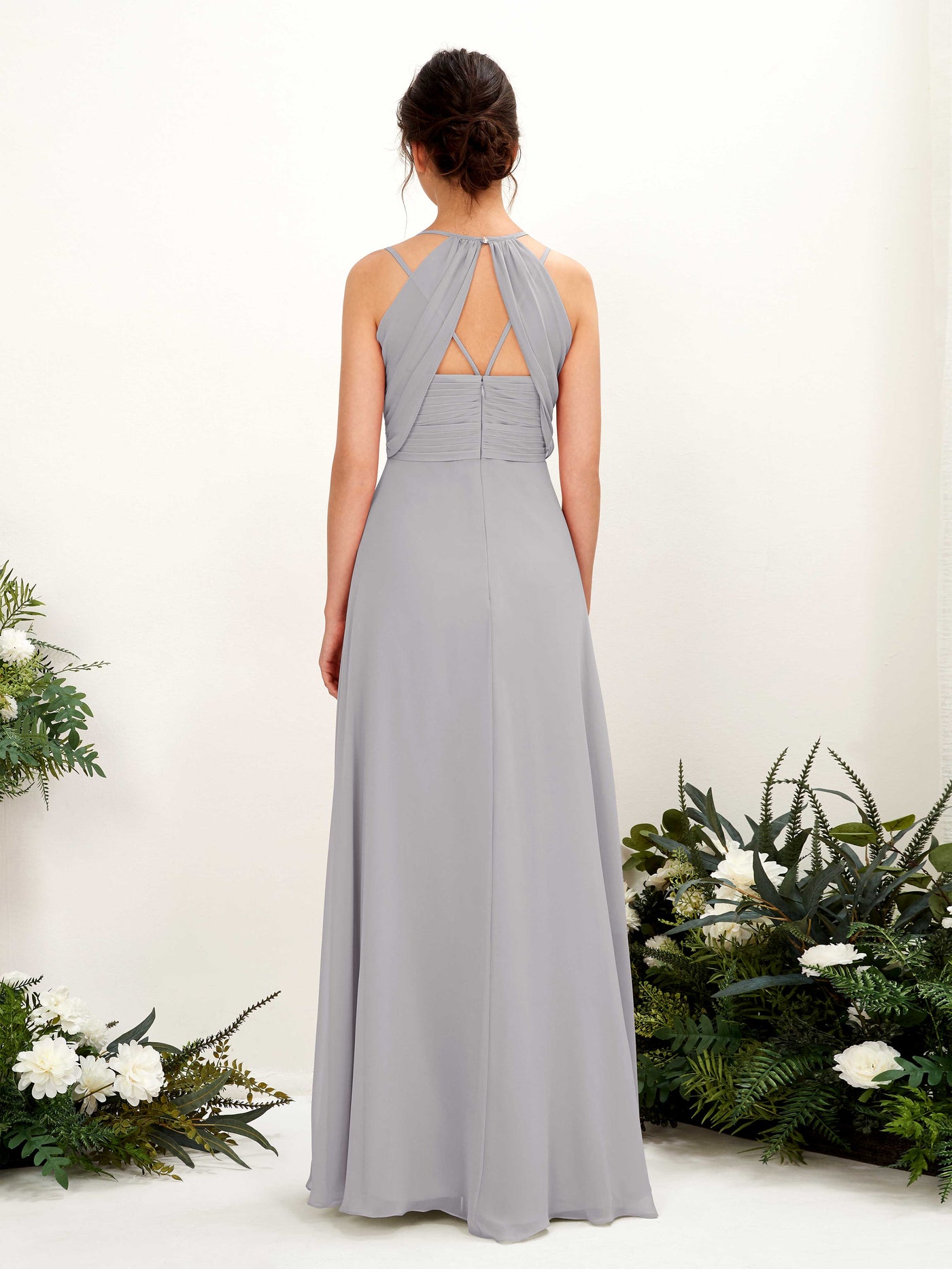 Carlyna Trapèze Longueur ras du sol Col V Licou Robes de demoiselle d'honneur Gris Boussole #couleur_gris-boussole