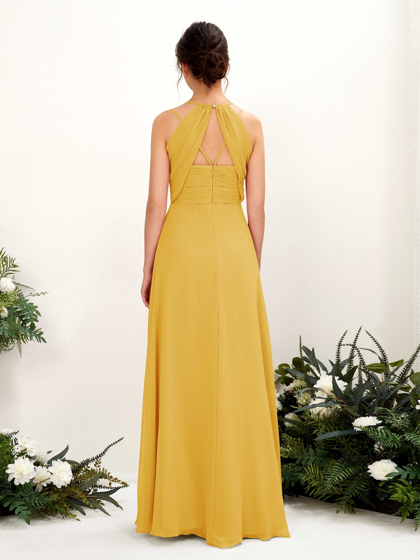 Carlyna Trapèze Longueur ras du sol Col V Licou Robes de demoiselle d'honneur Jaune Moutard #couleur_jaune-moutard