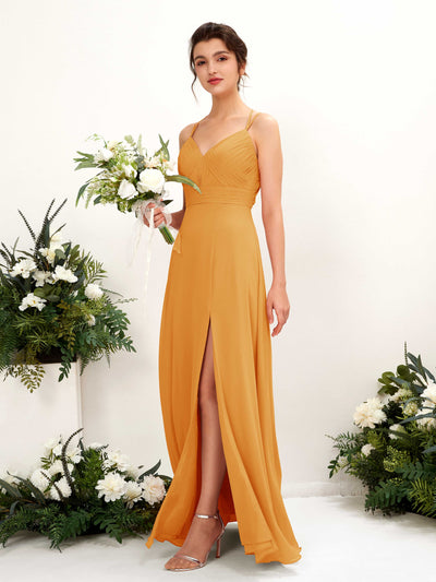 Carlyna Trapèze Longueur ras du sol Col V Licou Robes de demoiselle d'honneur Mangue #couleur_mangue