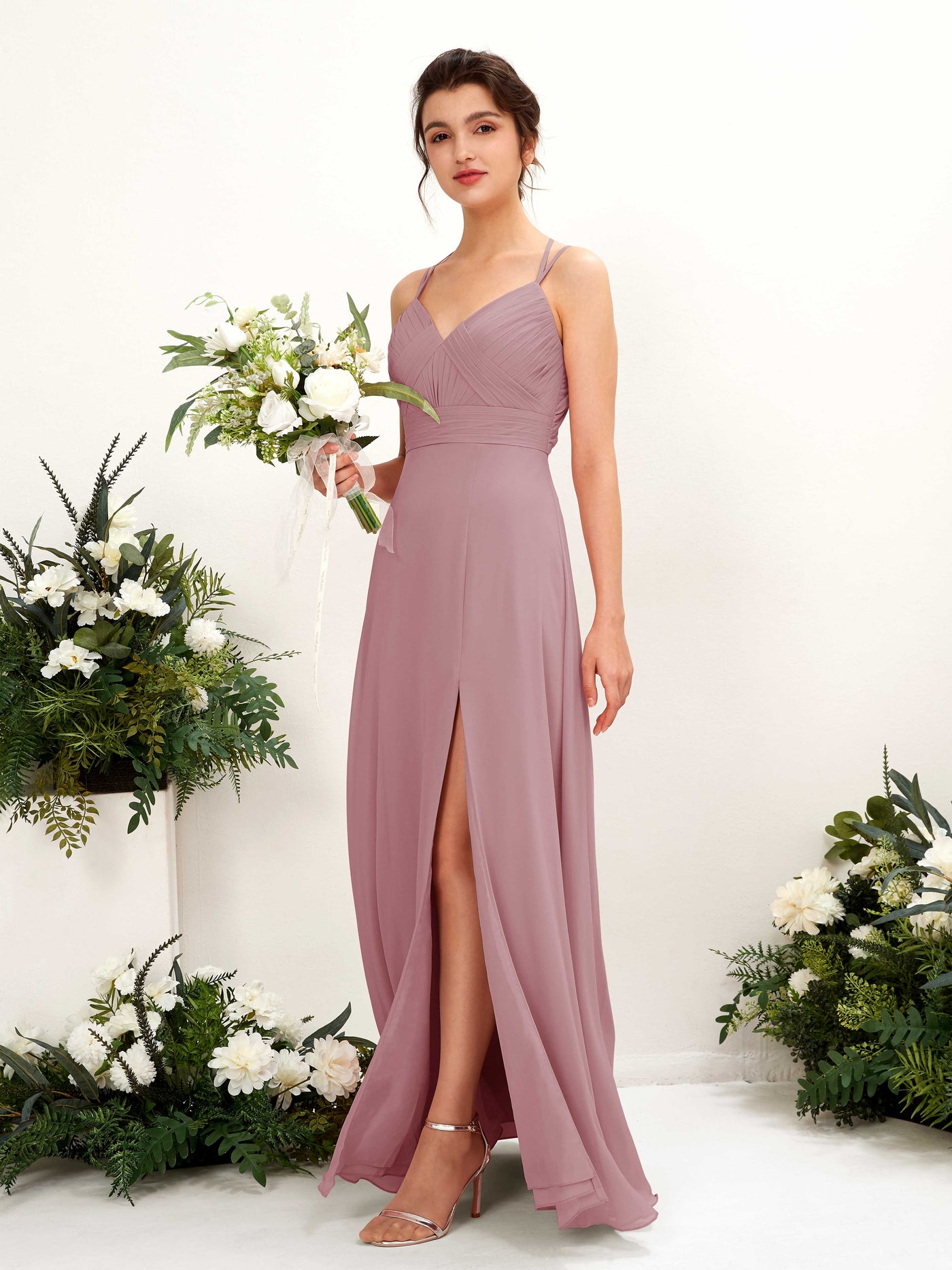 Carlyna Trapèze Longueur ras du sol Col V Licou Robes de demoiselle d'honneur Mauve Vintage #couleur_mauve-vintage