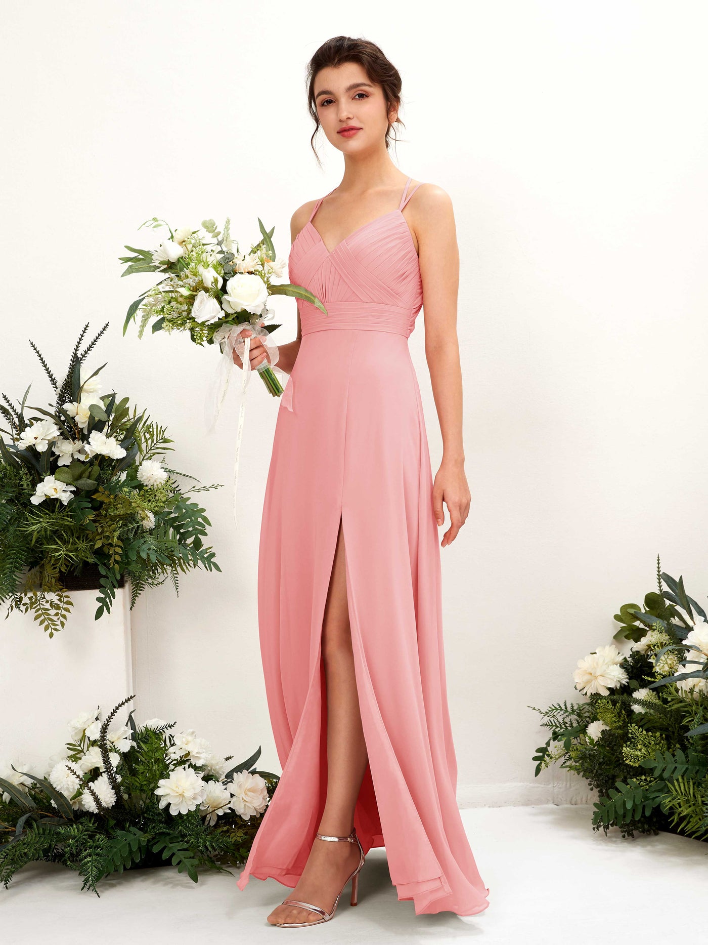 Carlyna Trapèze Longueur ras du sol Col V Licou Robes de demoiselle d'honneur Rose Ballet #couleur_rose-ballet