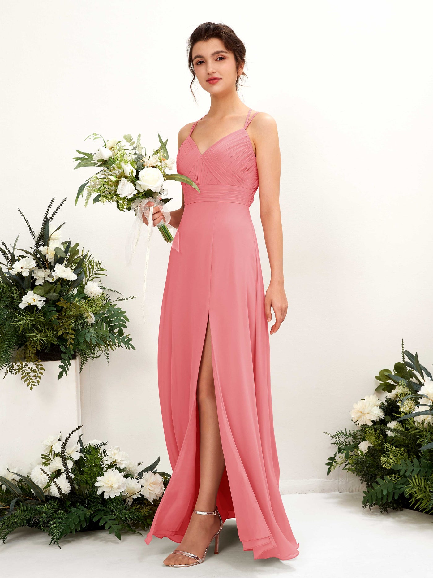 Carlyna Trapèze Longueur ras du sol Col V Licou Robes de demoiselle d'honneur Rose Corail #couleur_rose-corail