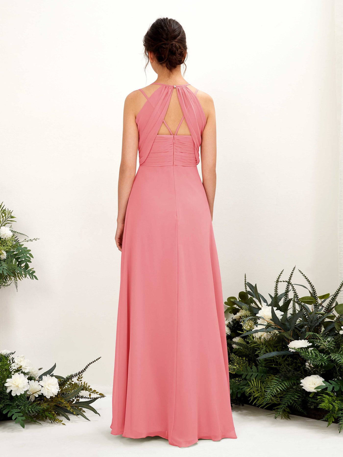 Carlyna Trapèze Longueur ras du sol Col V Licou Robes de demoiselle d'honneur Rose Corail #couleur_rose-corail