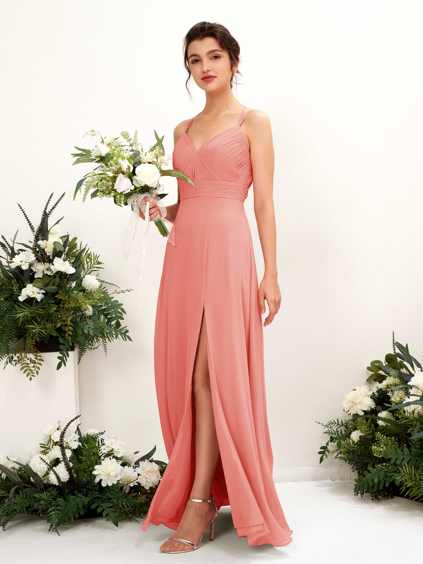 Carlyna Trapèze Longueur ras du sol Col V Licou Robes de demoiselle d'honneur Rose Pêche #couleur_rose-p-che