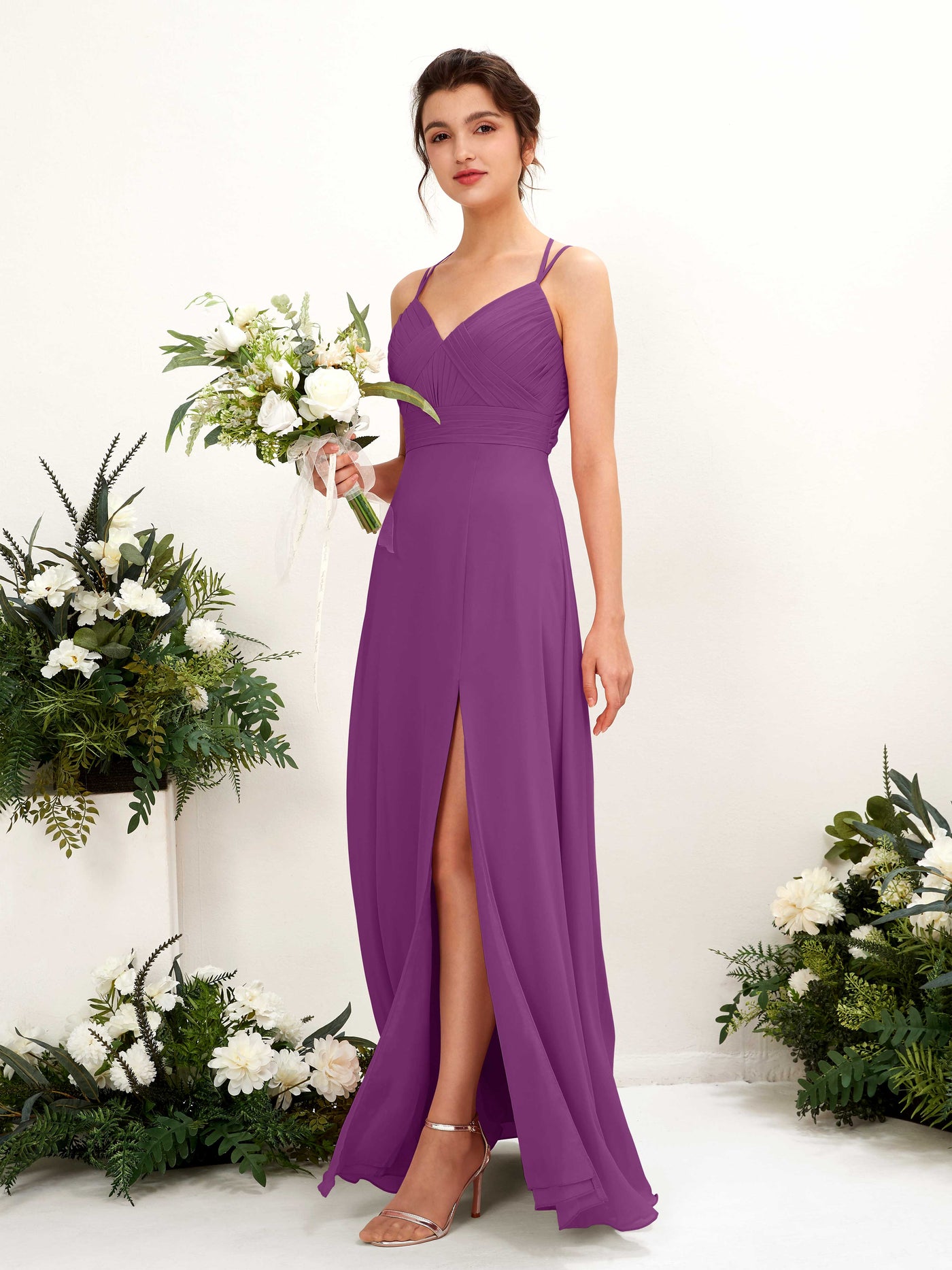 Carlyna Trapèze Longueur ras du sol Col V Licou Robes de demoiselle d'honneur Violet #couleur_violet